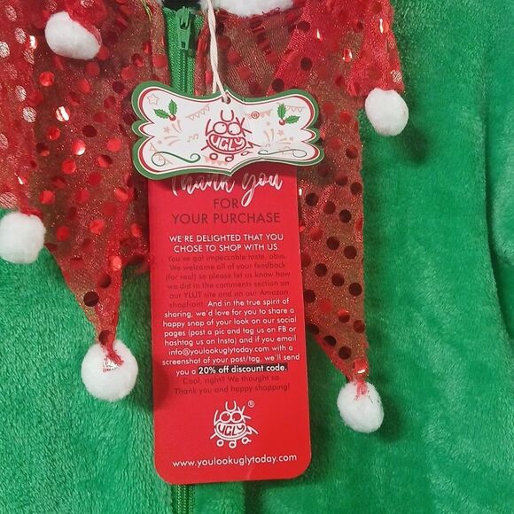 Christmas Santa Elf outfit one piece hooded holiday party ugly sweater Sz L  NWT - Picture 6 of 9